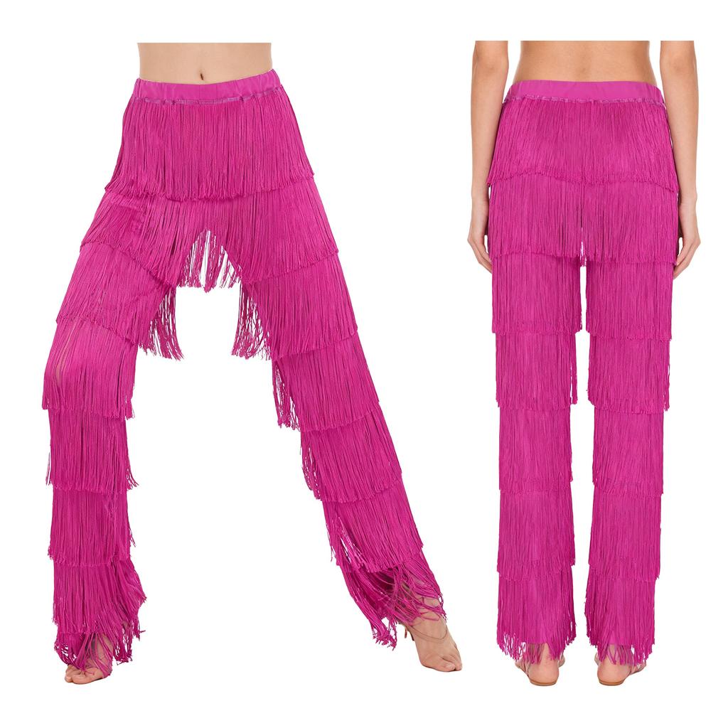 Women's Latin Dance Fringe Pants S-3XL: Elastic Waistband Contrast Color Tassel Trousers for Chacha Tango Rumba Dance Costume
