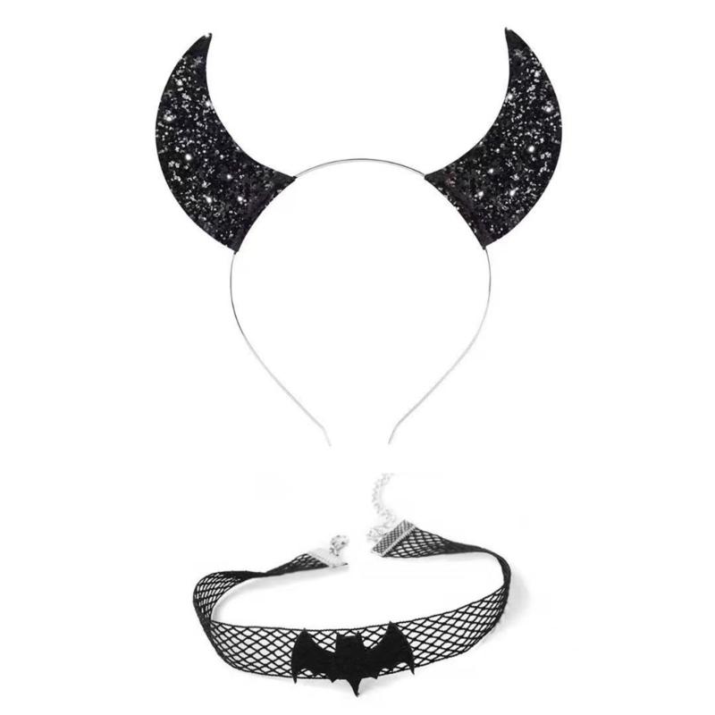 Gothic Dark Glitter Girls Choker Collar Rose Devil Wing Headband Set Gothic Bat Wing Versatile Choker