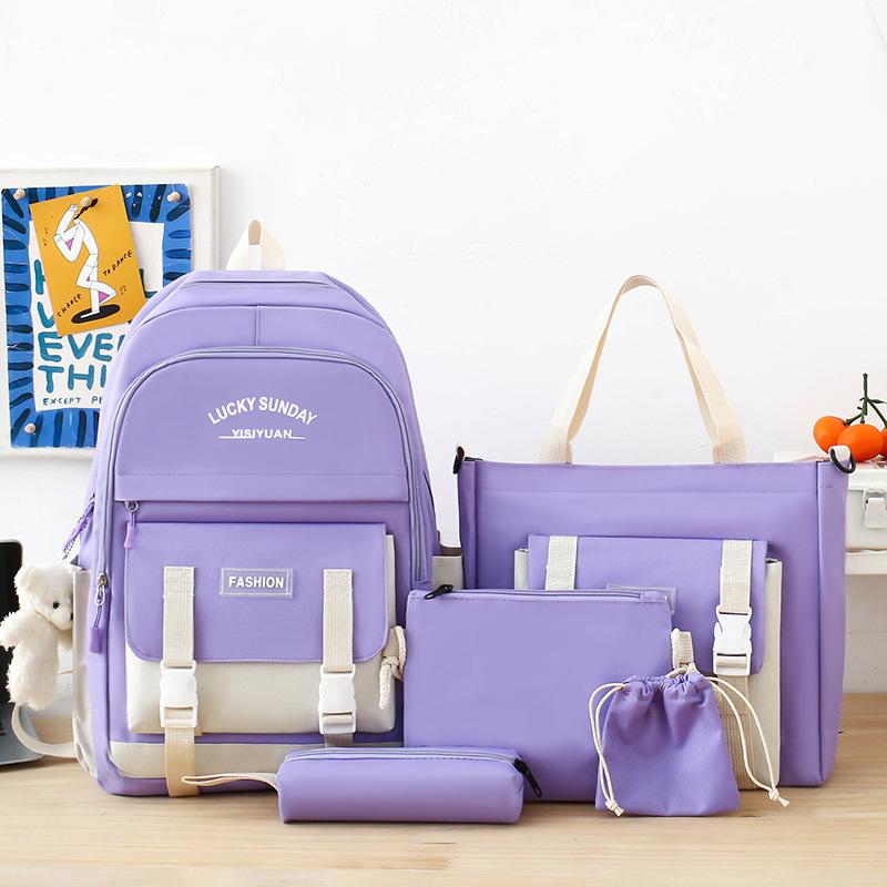 Simple Schoolbag Women's Lightweight Large-capacity Backpack, Primary School Junior High School Portable Make-up Backpack Five-piece Set