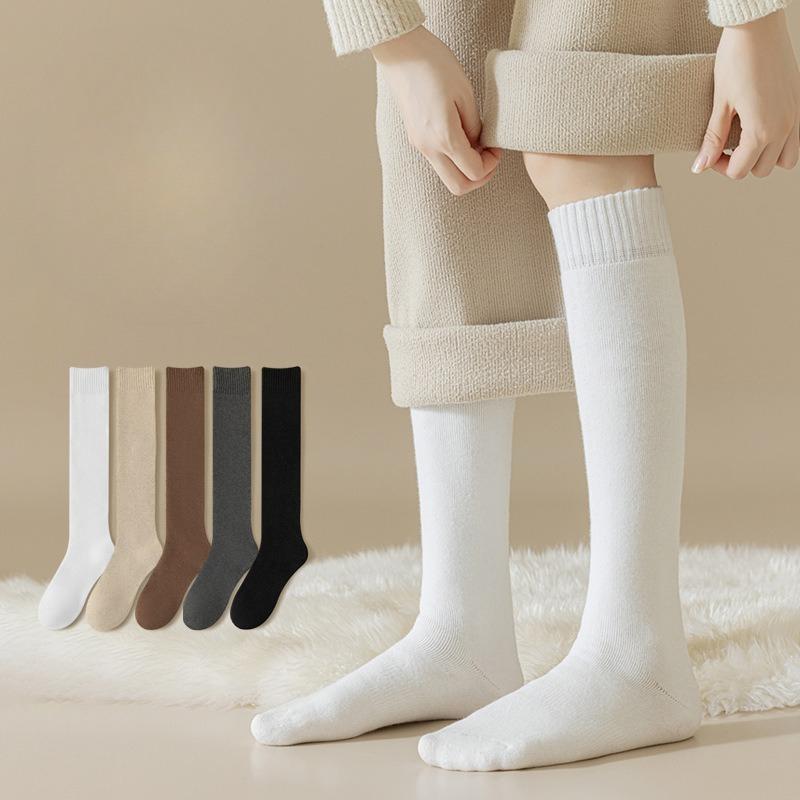 Women's Spring and Autumn Thickened Warm Calf Socks Cotton Socks Solid Color Casual Anti-abrasion and Anti-pilling Versatile Hoop Socks