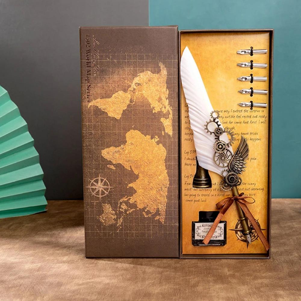 Map with Base Mechanical Wings Dipped In Water Pen Creative Birthday Holiday Gift Set Business Gifts Antique Feather Dip Pen
