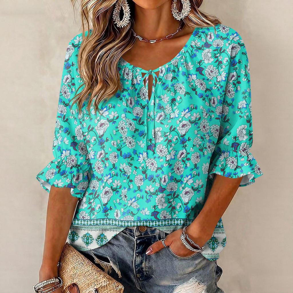 Damen Vintage Blumenmuster Bluse mit Bindekragen und Rüschen-Dreiviertelärmeln