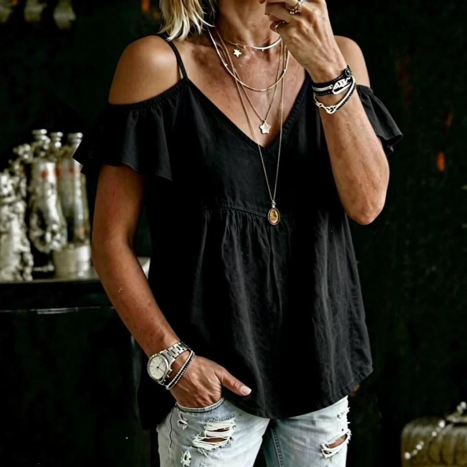 Women Casual Loose Off Shoulder V Neck Ruffle Short Sleeve T Shirt S чёрный