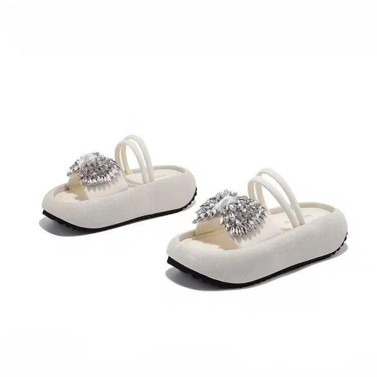 Popular Rhinestone Summer One-word Slippers Women's Outer Wear 2025 High-end Muffin Thick-bottomed Bow Cool Slippers Beach
