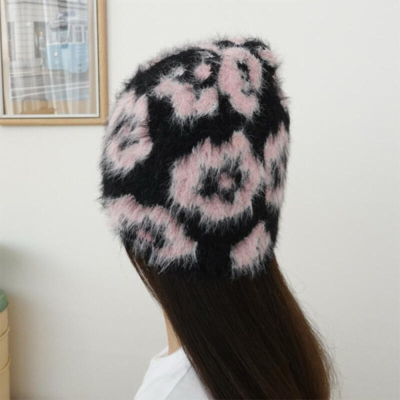 Women s Floral Color Block Cozy Fur Knit Hat Beige