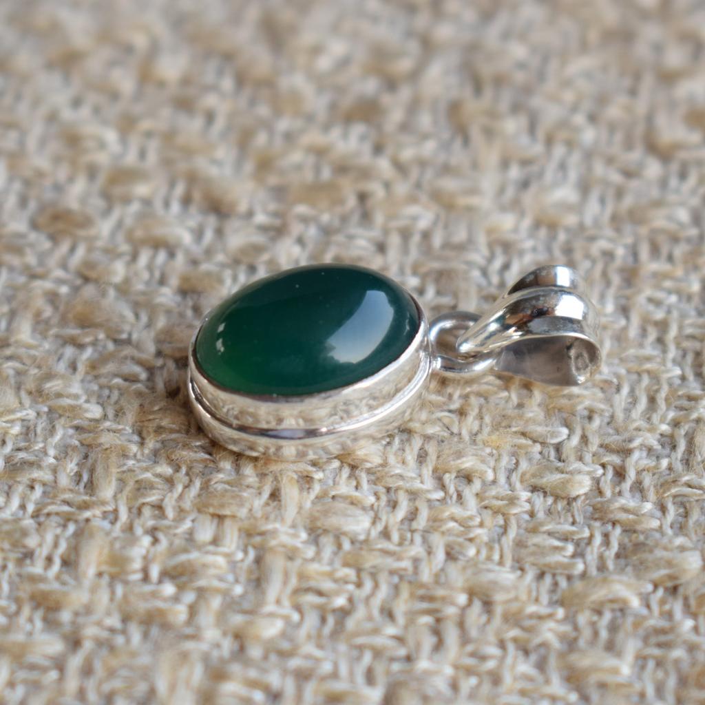 Handmade Oval Green Onyx Pendant: 925 Sterling Silver, December Birthstone