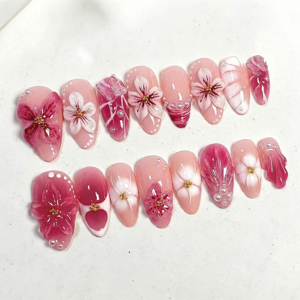 3D Flower Press-on Nails Almond-shaped Exquisite Artificial Nail Tips Reusable Gradient Pink Gel Fake Nails Women and Girls