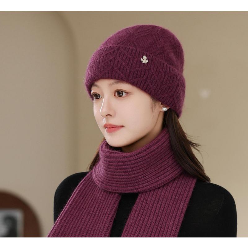 Outdoor Hat for Women In Autumn and Winter Fashionable and Versatile Plus Velvet Mom Hat Casual Cold Proof Woolen Hat  Neck Warm Suit
