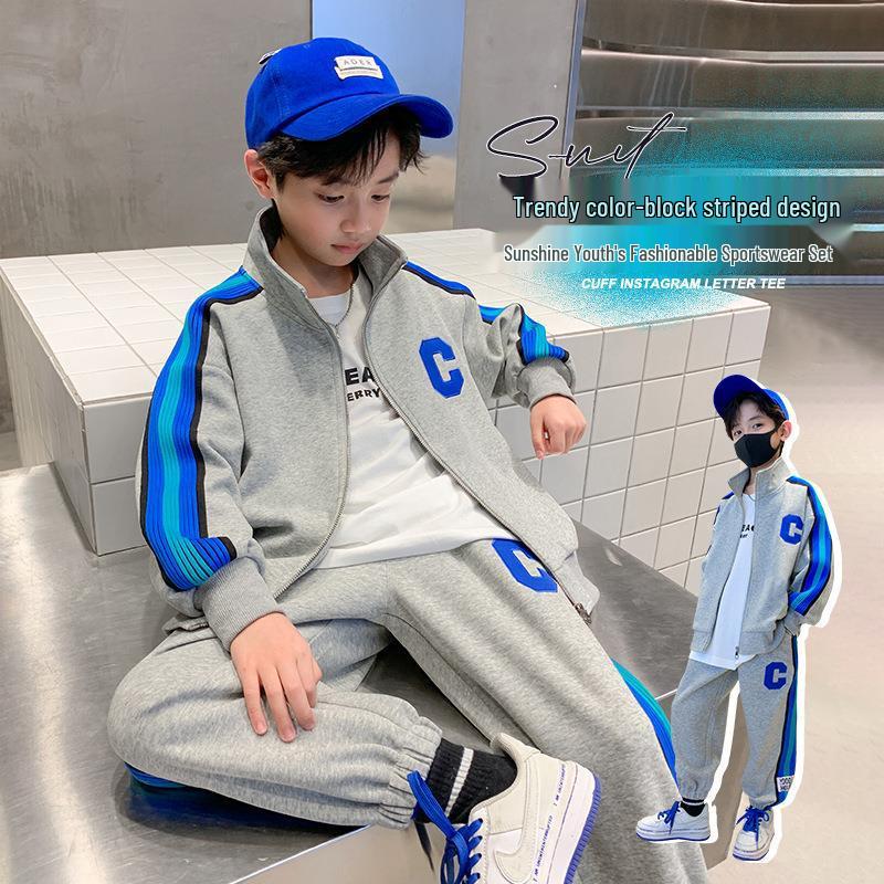 Chlapecký dvoudílný oblek v korejském stylu na jaro/podzim 2025: Pohledná ležérní sada bunda a mikina pro děti