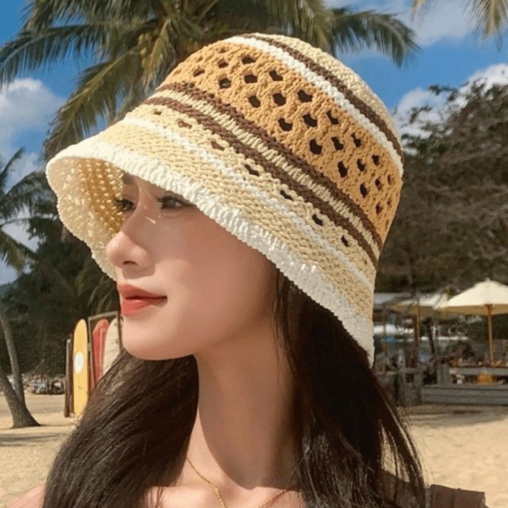 Wide Brim Crochet Panama Hat Breathable Beach Sun Hat Popular Striped Bucket Hat Daily