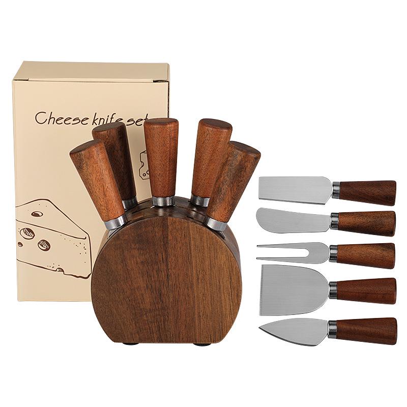 Stainless Steel & Acacia Wood Cheese Knife Set with Storage Base - 6-Piece