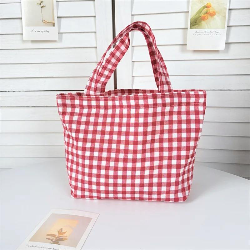 Tragbare Damen Bento Handtaschen Einfache karierte Damen kleine Tragetasche Umhängetaschen Retro Stoff Damen Wiederverwendbare Einkaufstasche