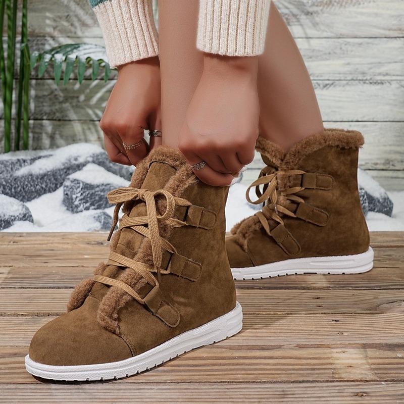 2025 Winter New Lace-up Warm Cotton Shoes Women's Flat Fleece Thickened Plus Size Snow Boots