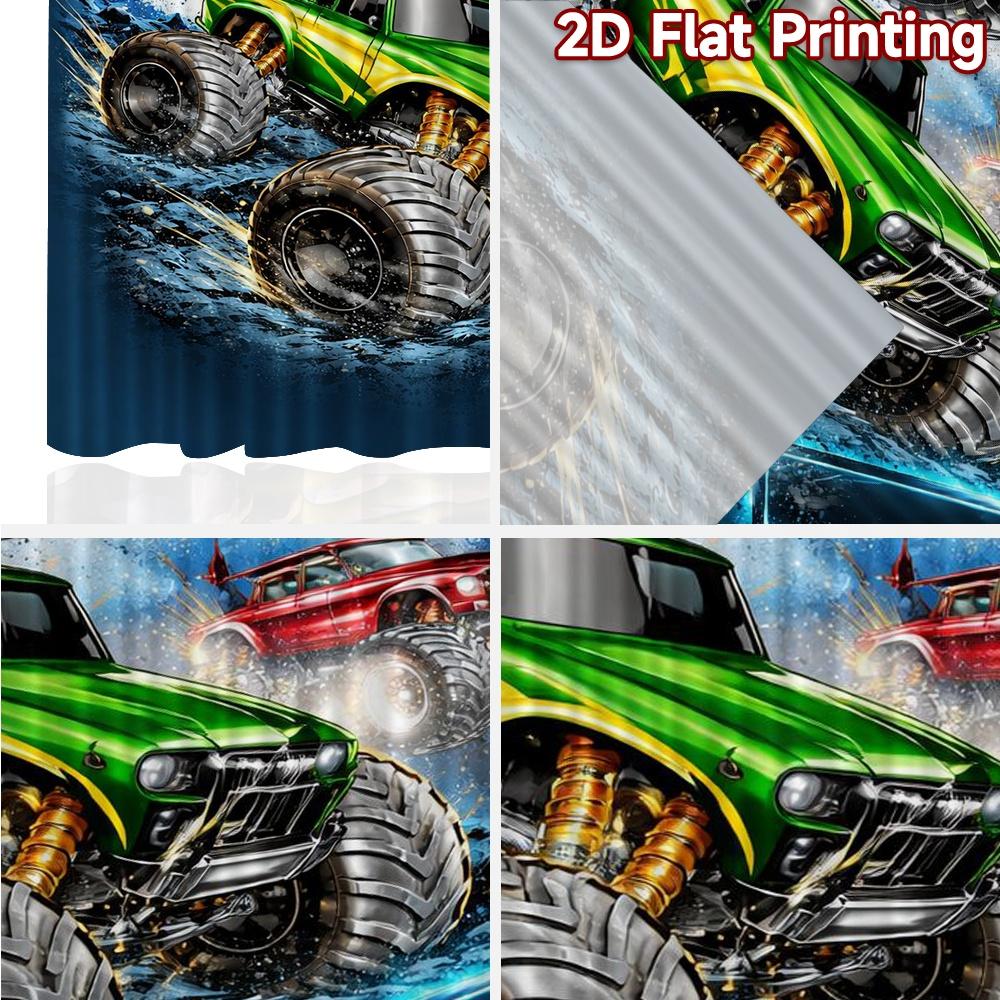 2D FLAT PRINTING 2pcs Curtains (Without Rod) Monster Truck Splashing Popular Creative Curtains Machine Washable Fabric Curtains