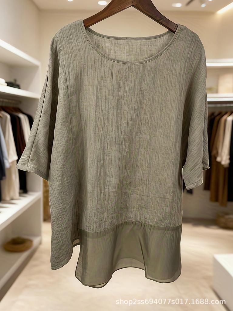 Women's Linen Blend Patchwork Mid-Sleeve Batwing Top with Irregular Hem