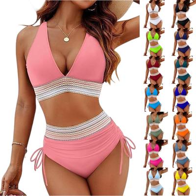Women High Waisted Bikini Sets Tummy Control Swimsuits Color Block Two Piece Drawstring Bathing Suit Adjustable Shoulder Straps