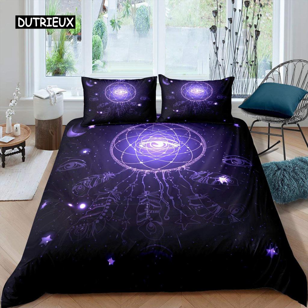 Purple Dream Catcher Duvet Cover Set Bohemian Feather Dream Catcher Bedding Set Microfiber Exotic Ethnic Style King Quilt Cover