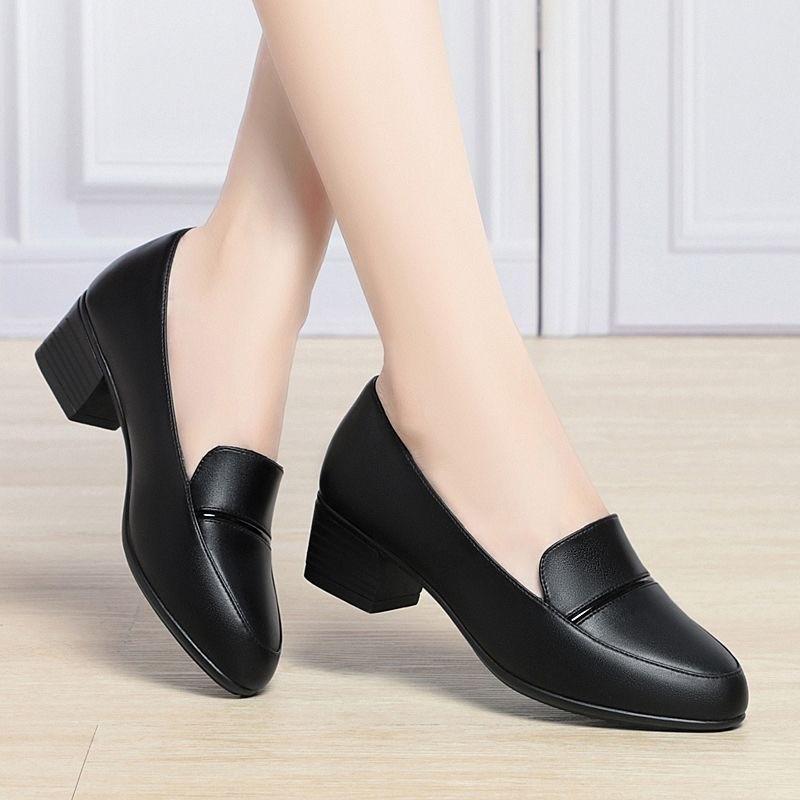 Autumn Thick Heel Middle Old Middle Heel Women's Leather Shoes Single Shoes Soft Leather Comfortable High Heel Single Shoes