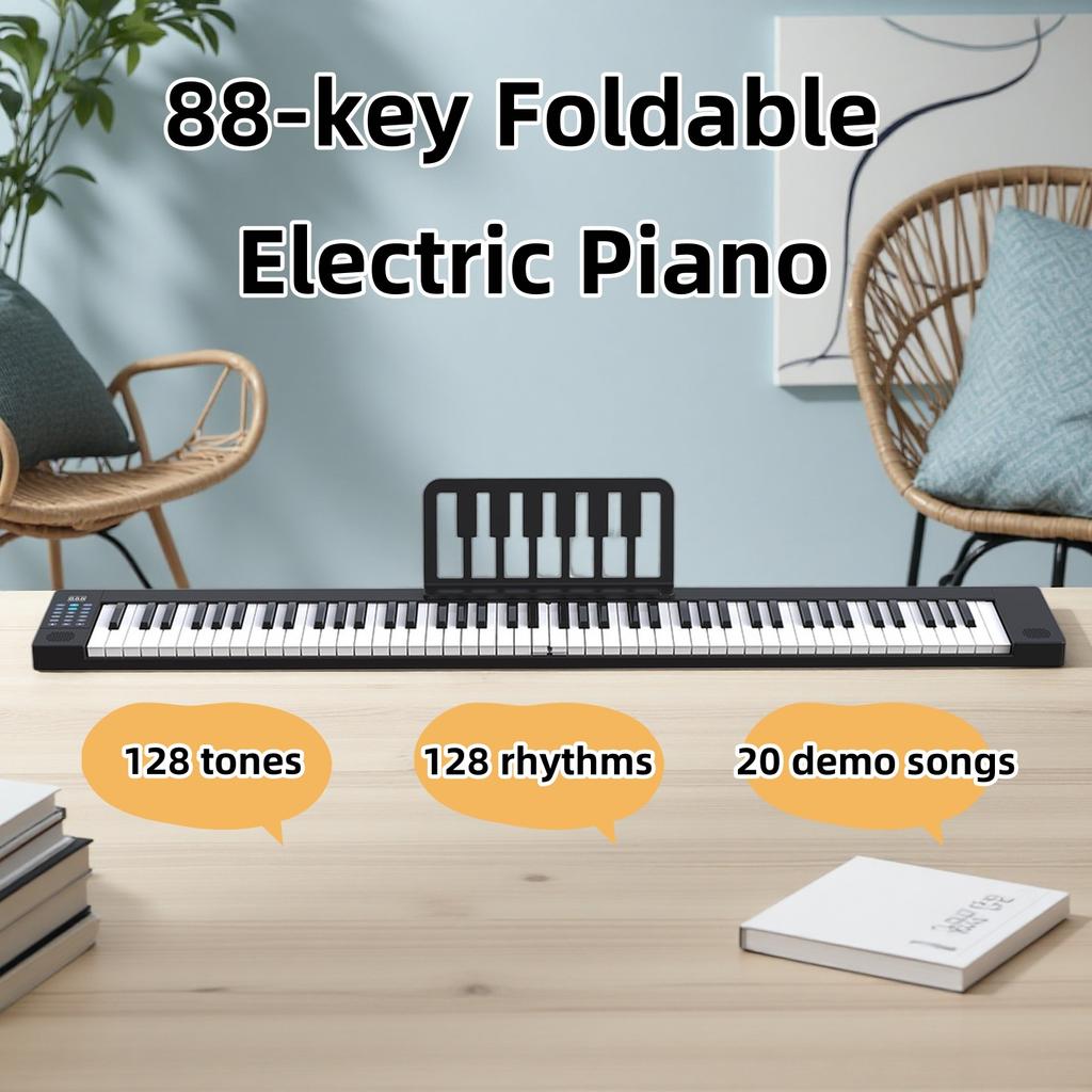The 88-key electronic piano set | Black double-keyboard design, built-in stereo speakers, including backpack, sustain pedal, stand and charging cable