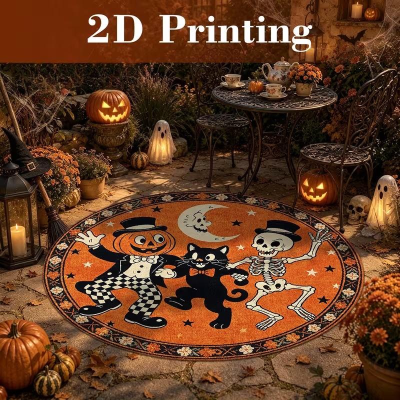 3D Illusion Skull Candle Pit Round Floor Rug,Spooky Stone‑wall Skeleton Print Circular Carpet,Horror Halloween for Living Room