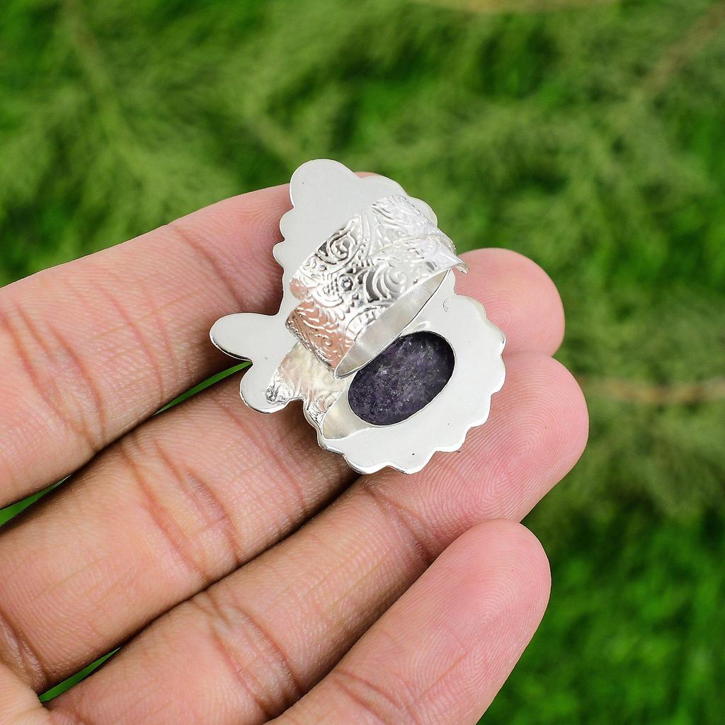 Natural Lepidolite Gemstone Stackable Purple Adjustable Ring 925 Sterling Silver