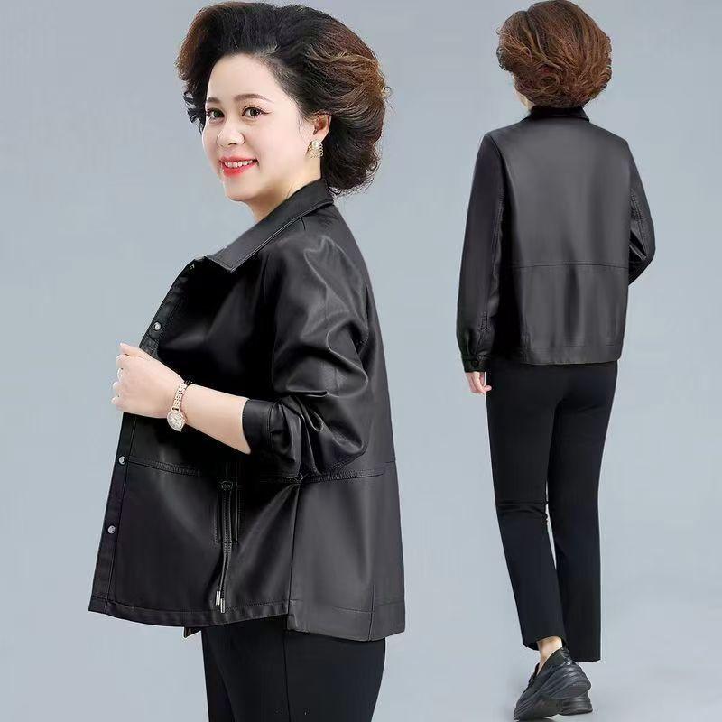 

Leather jacket women s new middle-aged and old mother outfit spring and autumn coat thin short leather jacket top L [95-52.5 kg] чорний