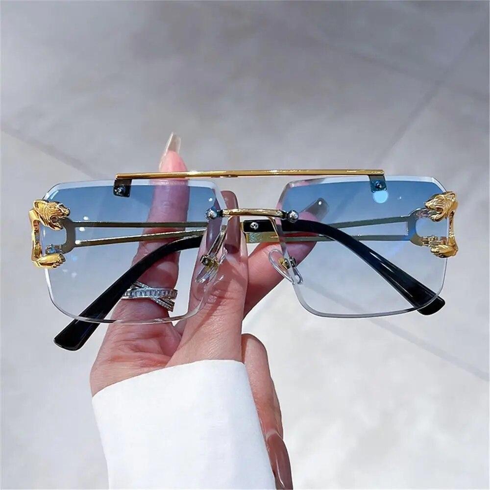 Vintage Rimless Sunglasses Oversized Square Shades for Men Women UV400 Protection Double Bridge Gradient Fashion Eyewear