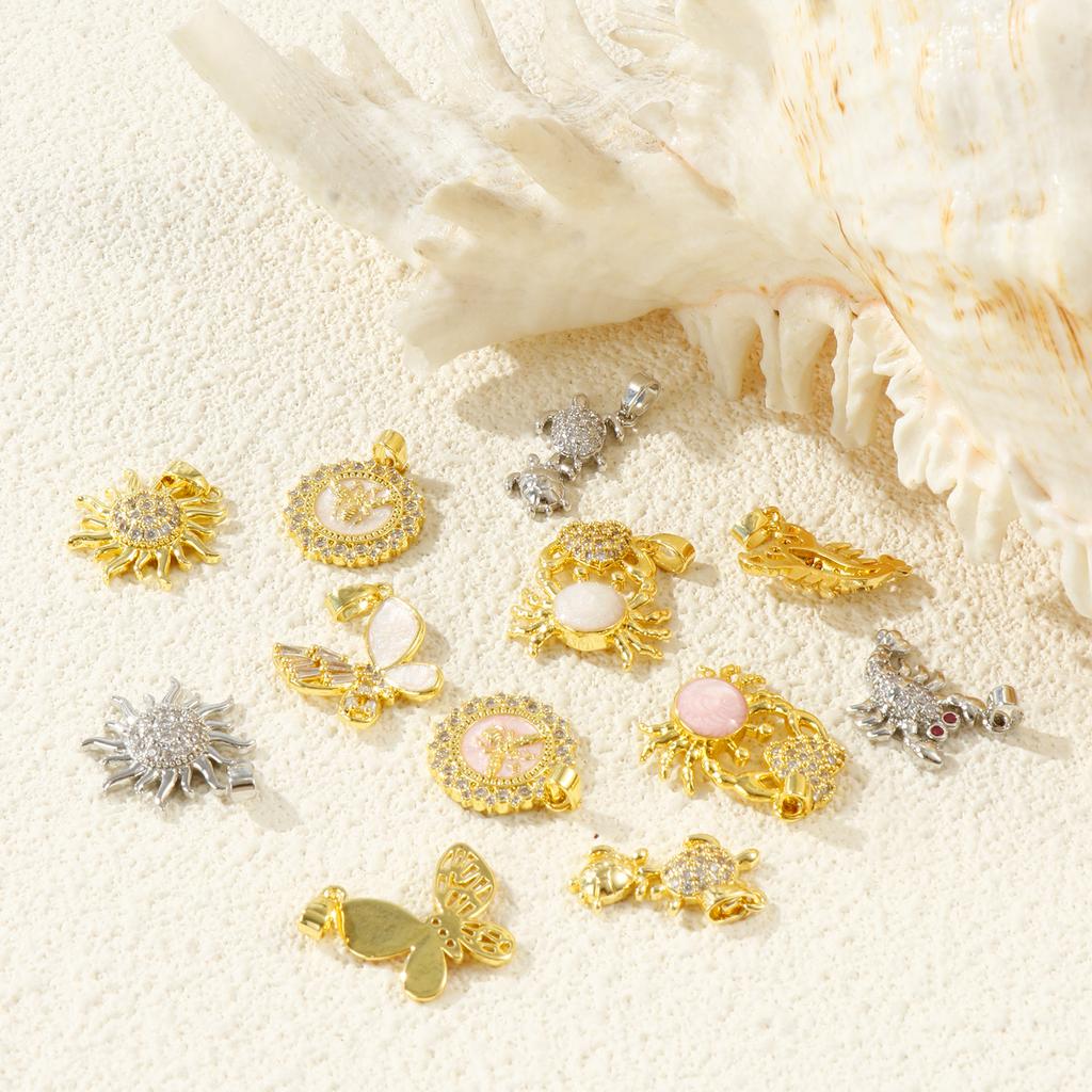 2 Pcs Cubic Zirconia Ocean Charms Turtle Lobster Crab Sun Gold Plated Enamel Micro Pave Brass Pendants For DIY Necklace Making