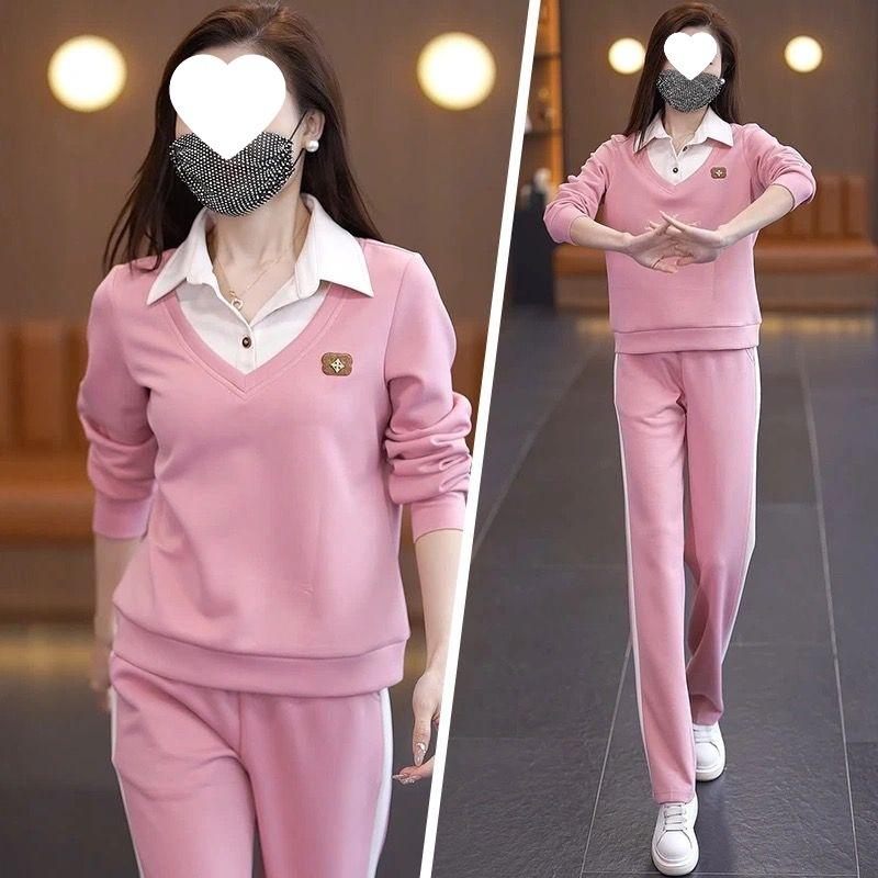 Spring and Autumn Casual Women's Long-sleeved Faux Two-piece Loose-fitting Versatile Slimming Straight-leg Pants Set