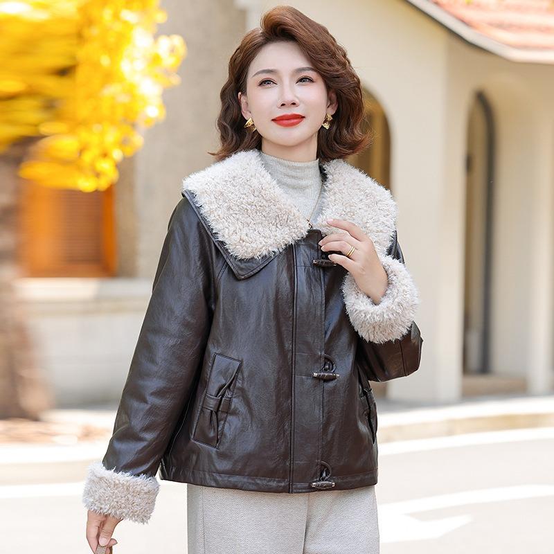 

Мамино зимнее пальто флисовое утолщенное кожаное пальто новая стеганая куртка куртка для женщин среднего и пожилого возраста теплый костюм класс 5XL [Recommended 150-80 kg]