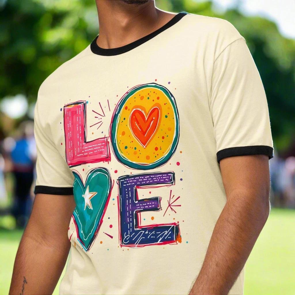 Colorful LOVE Ringer T-Shirt, Inspirational Positive Message & Fun Festival Tee 2XL