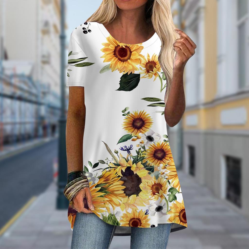 Plus Size Women Spring Flower Sea Printed Comfy Short Sleeve Round Collar T-shirt Casual Baggy Mid Length Tee Tops