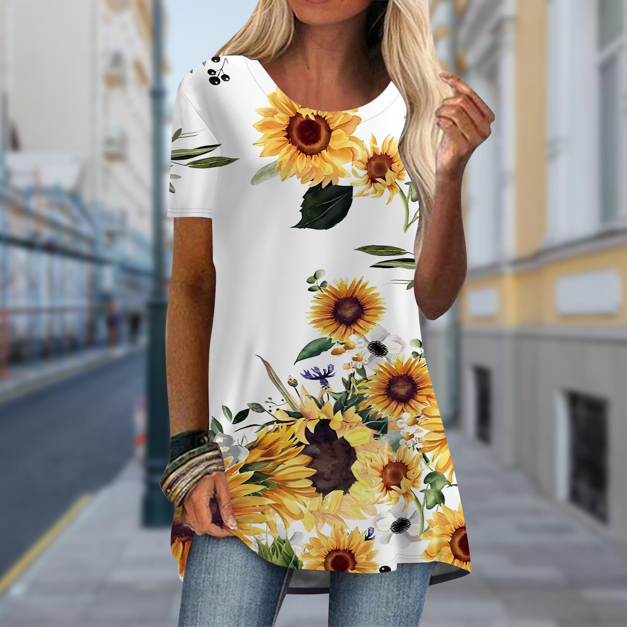 

Плюс размер Женская футболка с принтом весенних цветов и моря, удобная, с коротким рукавом и круглым воротником, повседневные мешковатые футболки средней длины 8XL белый