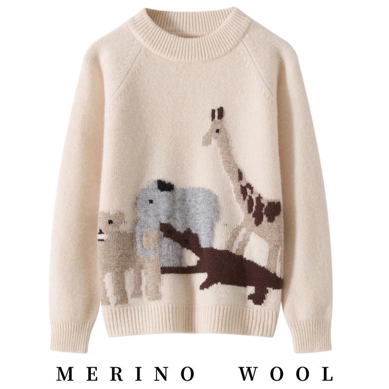 Унисекс Осенне-Зимний Детский Свитер Пуловер с Круглым Вырезом из 100% Чистой Шерсти с Вышивкой Мультяшных Животных 100 cm