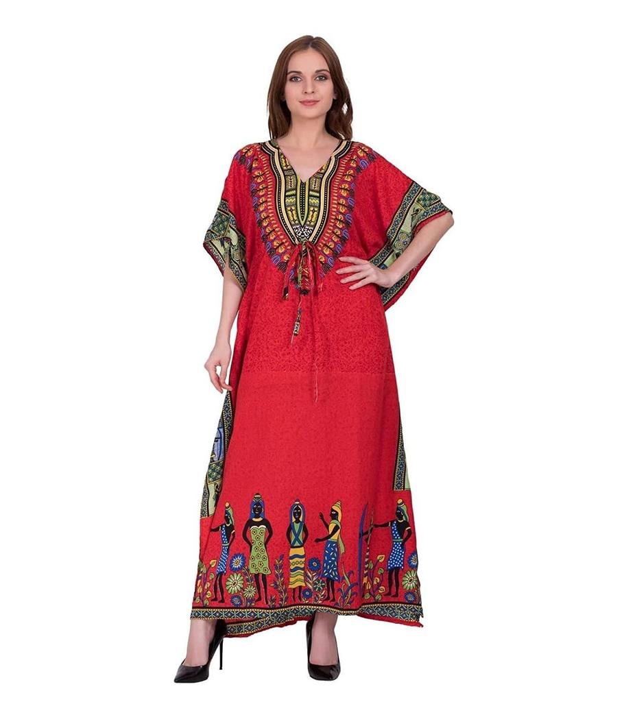 TreegoArt Fashion Women's Polyester Long African Kaftan Caftan Printed Adjustable Boho Dress Nightwear Maxi Gown