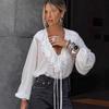 European and American Fashion White Ruffled Blouse for Women, Autumn Design V-Neck Lantern Sleeve Chiffon Shirt, Commuter Women's Clothing