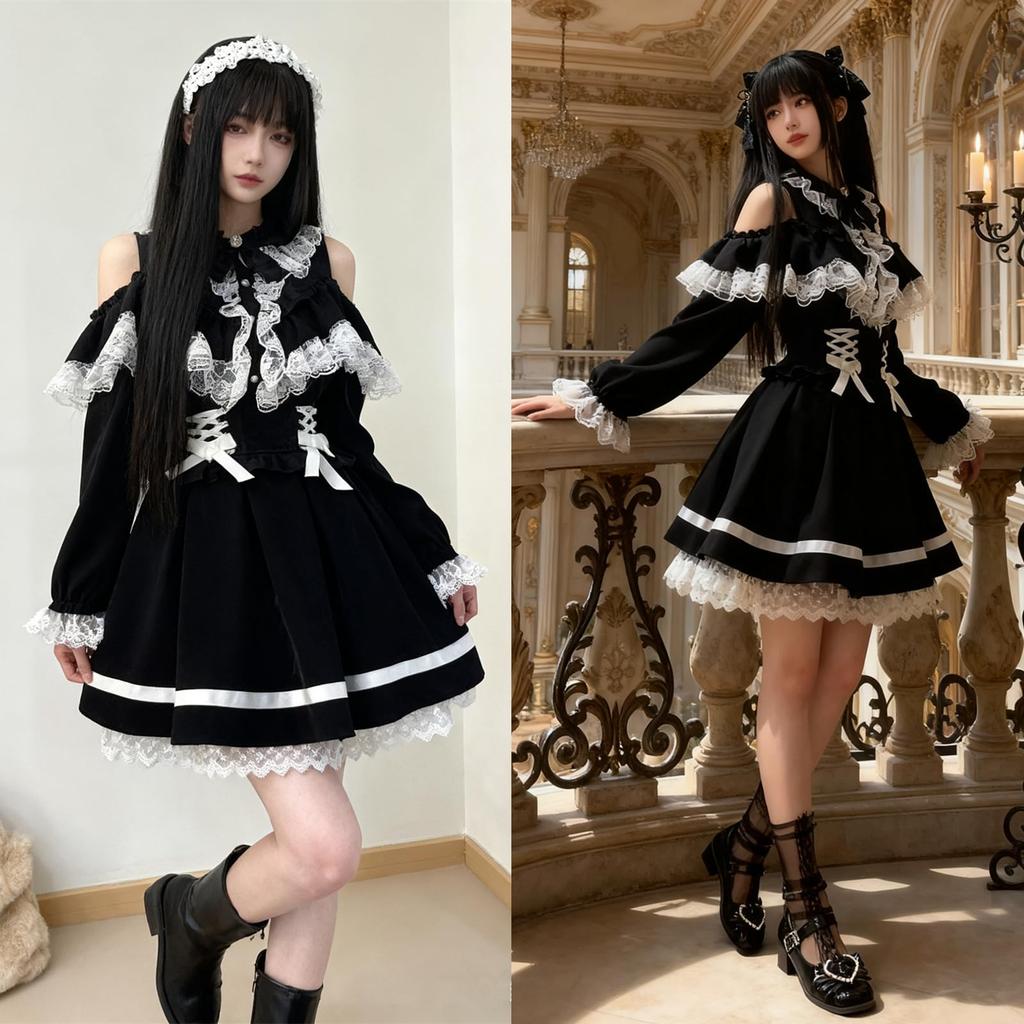 Sivrusn Gothic Lolita Mori Mini Süßes Cosplay Lolita Kleid mit und Harajuku Süßes Halloween Kulturelles Schulgröße M Kleid, Mädchen, Kleid, Gothic-Stil