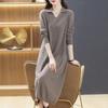 Herbst Winter Wollkleid Damen Langer Pullover Locker Über dem Knie Kleid Vielseitig Elegant Strickware Unterteil Langes V-Ausschnitt Kleid