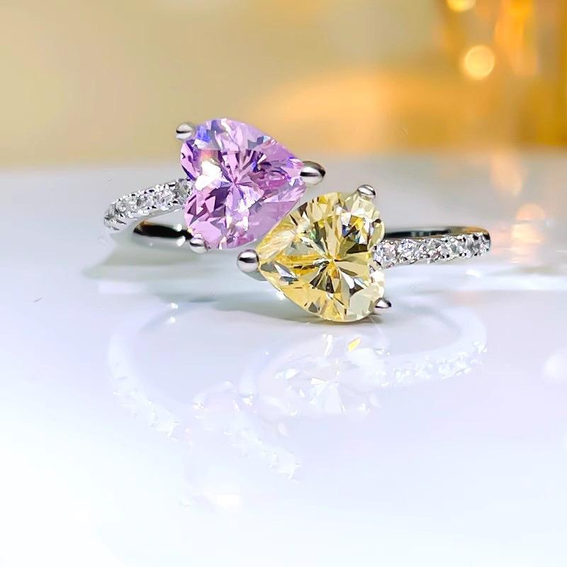 Luxuriöser offener Ring in Herzform, Rosa, mit hochkohlenstoffhaltigem Diamant, Modeschmuck für Damen