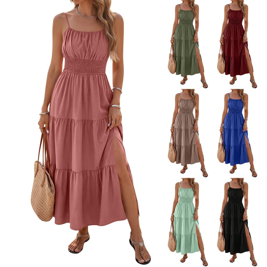 Women’s Sleeveless Smocked Waist Maxi Dress with Spaghetti Straps and Side Slit for Summer Beach and Vacation Wear