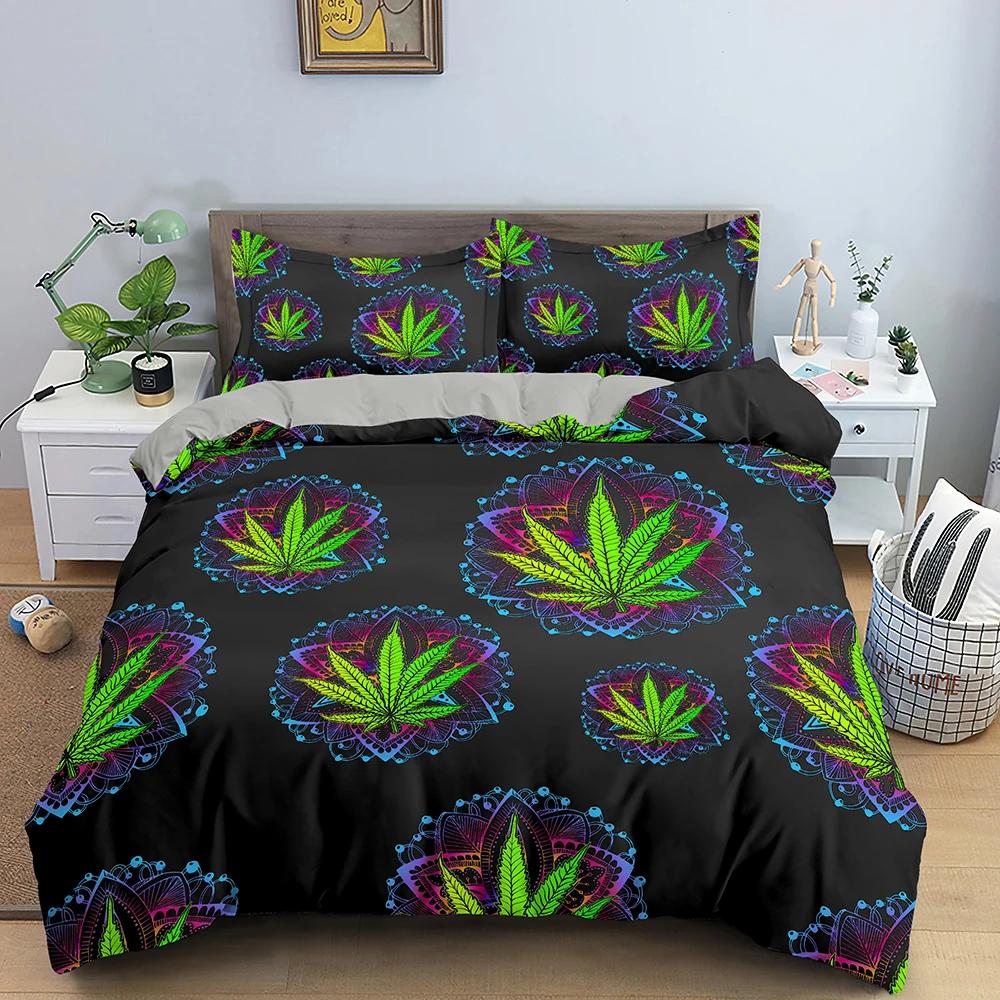 Maple Leaves King Queen Bedding Set Psychedelic Weed Leaf Duvet Cover Colorful Stripes 2/3Pcs Polyester Quilt Cover