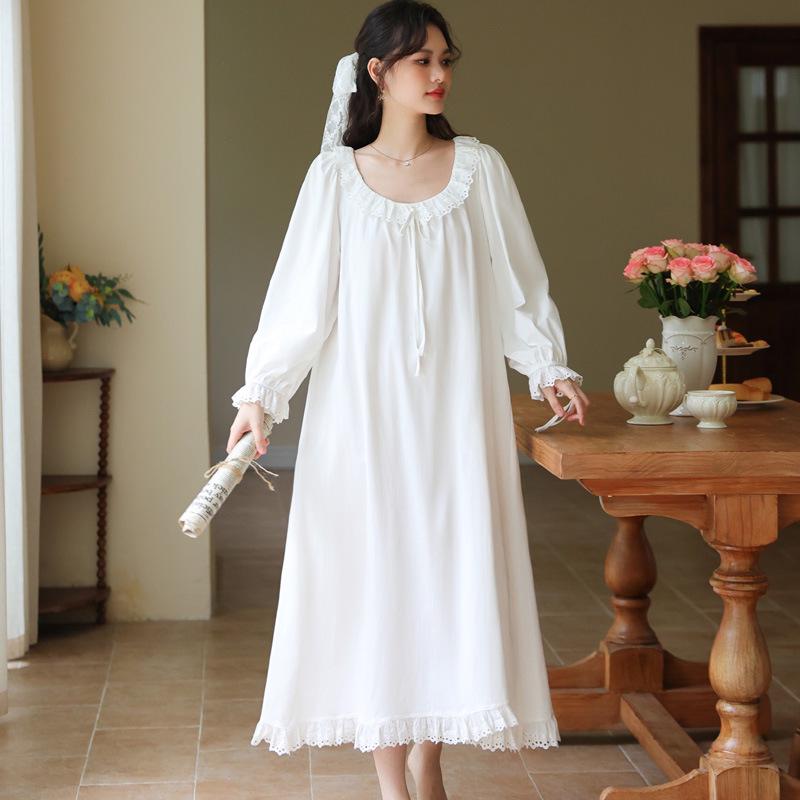 

Женская ночная рубашка с длинным рукавом в придворном стиле из хлопка - Свободная, больших размеров, мягкая, осенне-зимняя пижама для ношения дома/на улице XL белый