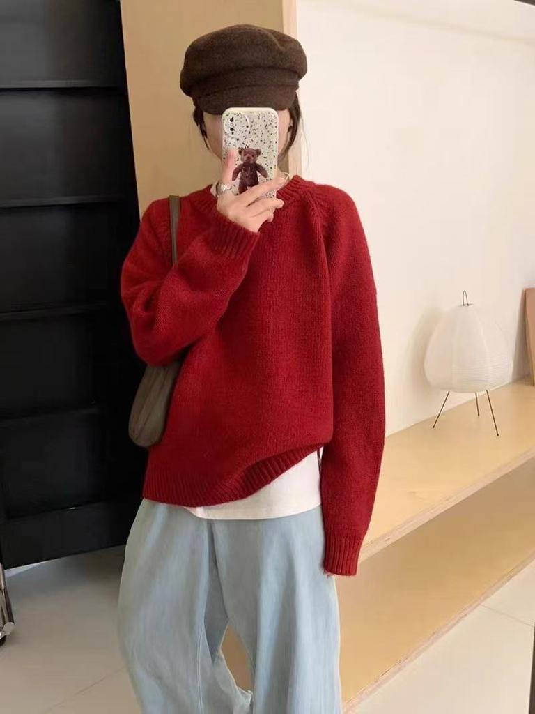 Dopamine Color Loose Fit Round Neck Sweater - Women's Casual Warm Long Sleeve Top for Autumn/Winter