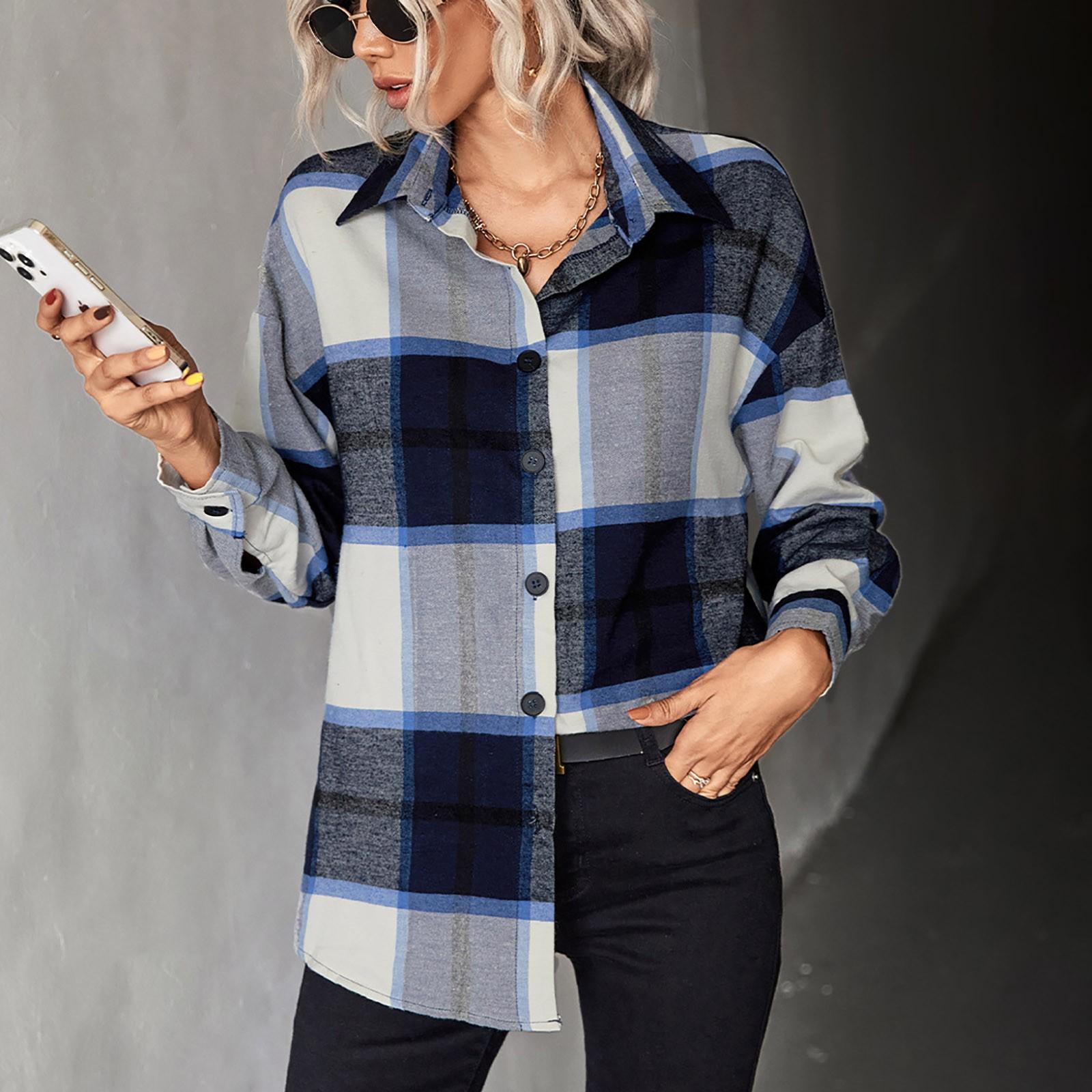 

Женское повседневное модное свободное пальто с лацканами с длинными рукавами и решеткой по цвету XL тёмно-синий