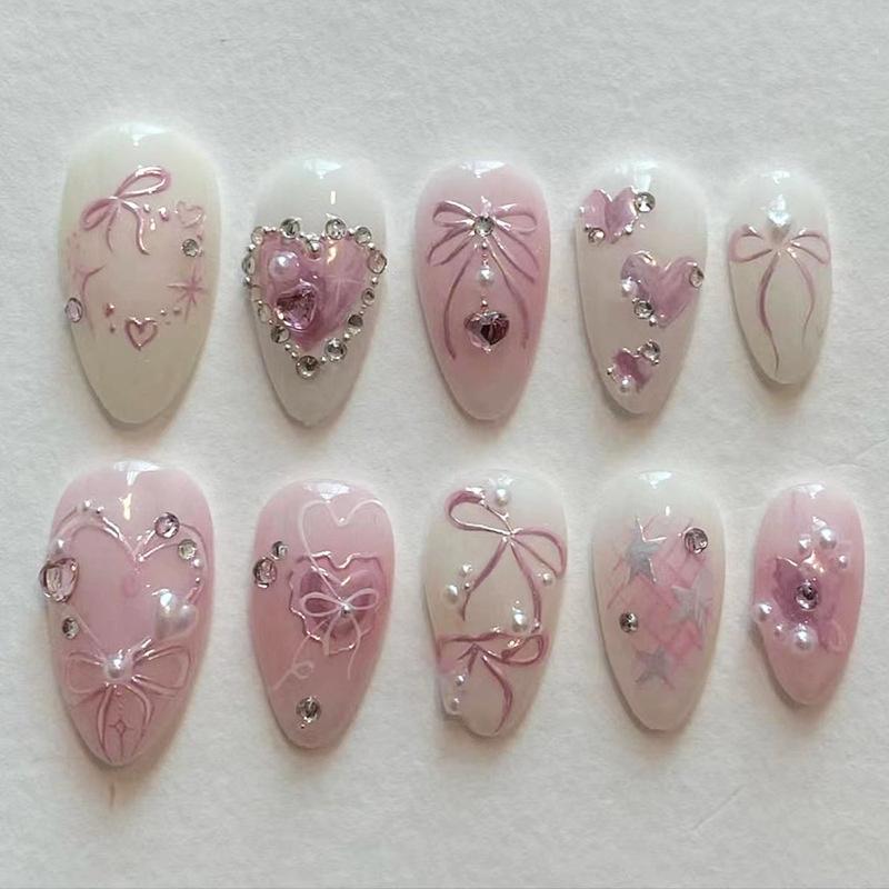 Cute Sweet Bow Press On Nails Fake Nails Set Artificial Art Nails Finger Manicure For Women And Girls