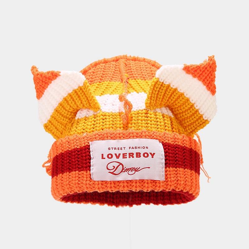 Niche Cute Pig Ears Splicing Knitted Hat Men's and Women's Trend Contrasting Color Sticker Wool Thermal Hat