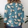Women Cotton Linen Shirt Henley Button Neck Floral Print Three Quarter Sleeve Casual Blouse Lightweight Breathable Top