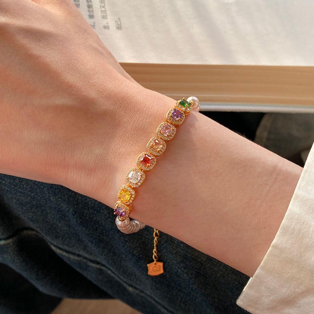 Luxury Rainbow Rhinestone Bracelet Vintage Colored Zircon Bracelet Pearl Crystal Bracelet  Lady