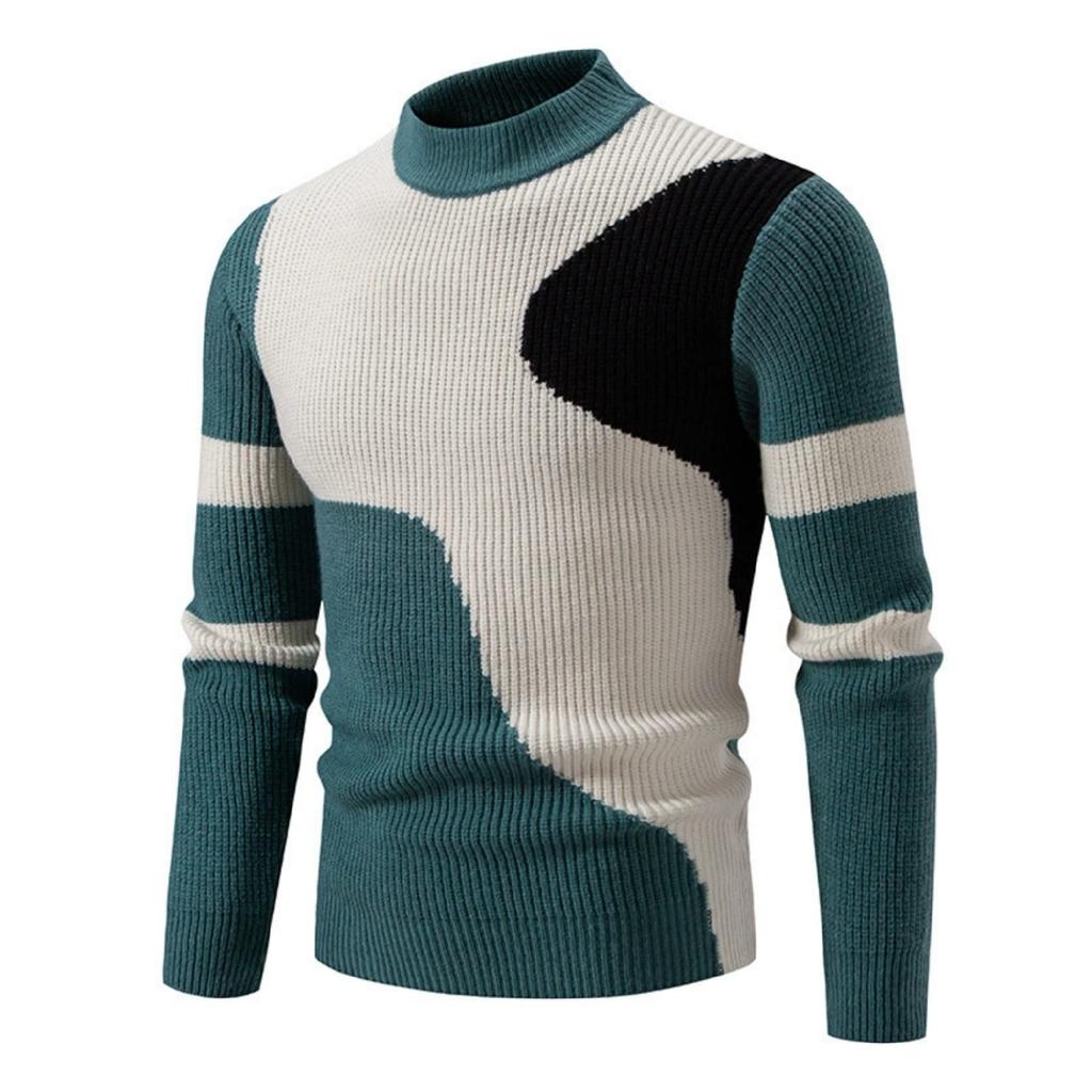 Men's Casual Semi-high Neck Two-tone Long-sleeved Pullover Base Knitted Sweater