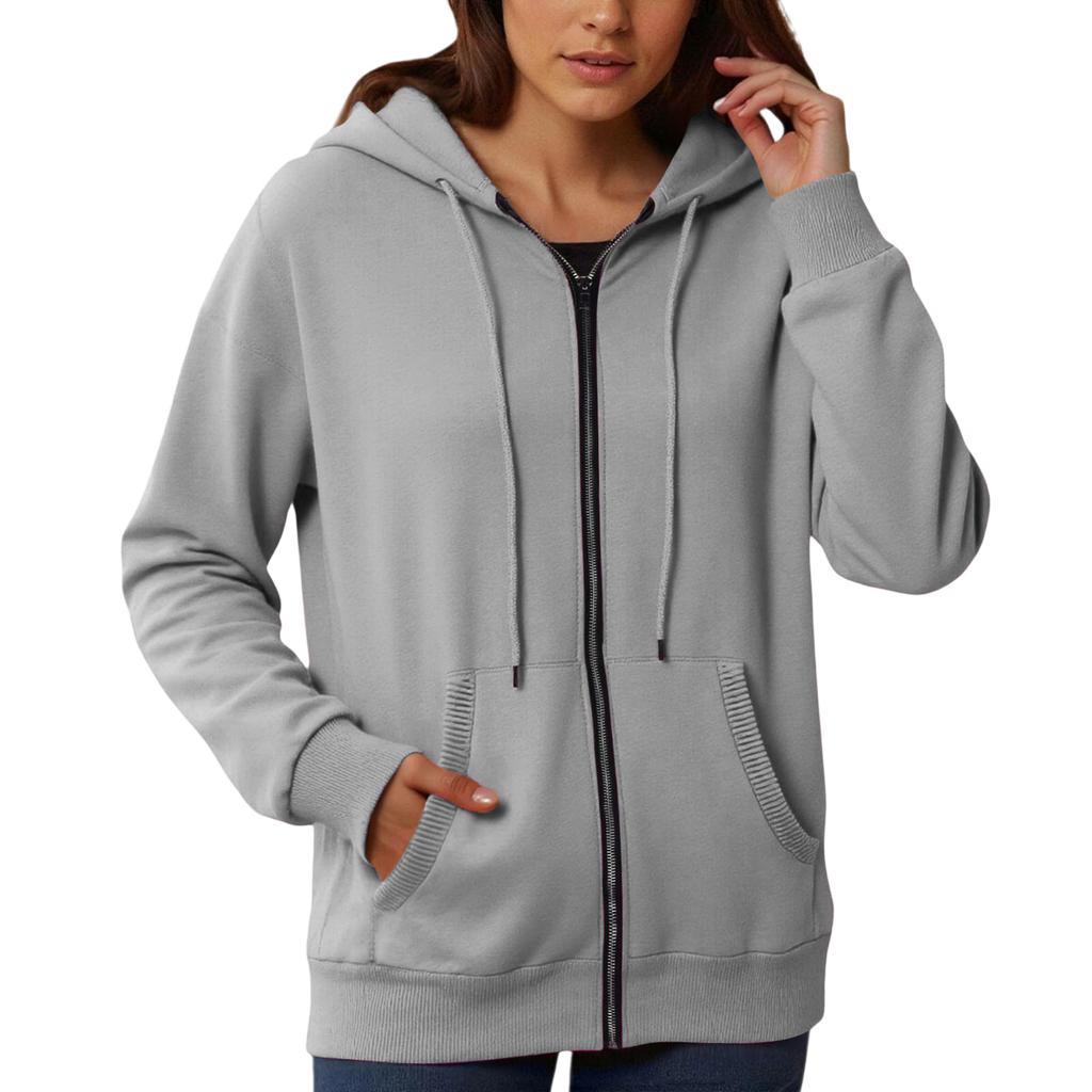 Women's Loose And Comfortable Zipper V-neck Long Sleeved Solid Color Pullover Sweatshirt Jacket